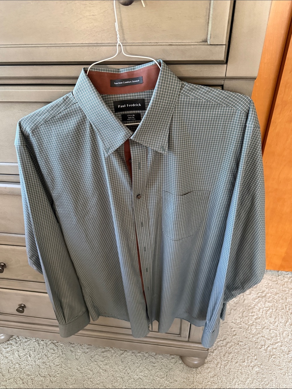 Paul Fredrick non-iron white, green and brown plaid slim fit.